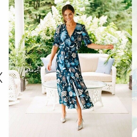 Tuckernuck M Willa Dress Midi Button Front Tiered Floral Nouveau Short Slv NWT - Picture 1 of 11